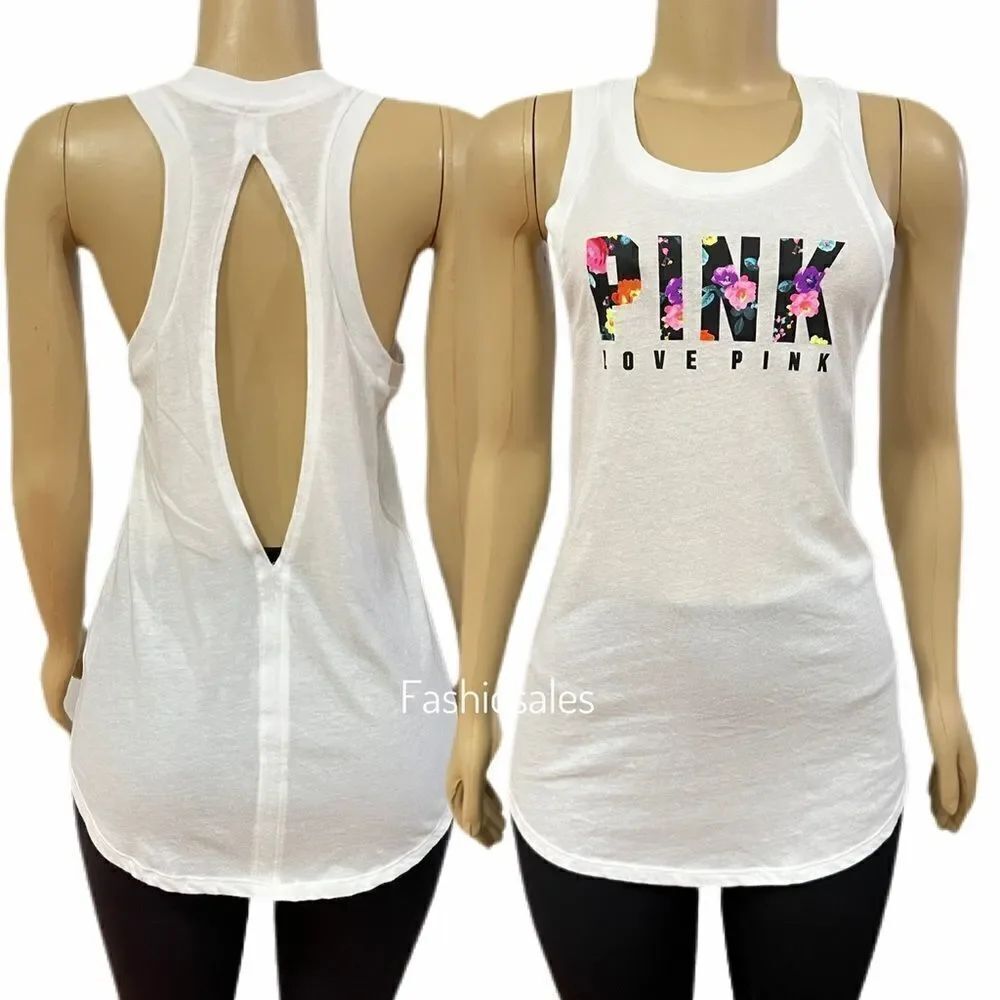 Victoria’s Secret Pink Floral Logo Racerback Open Back White tank top Large